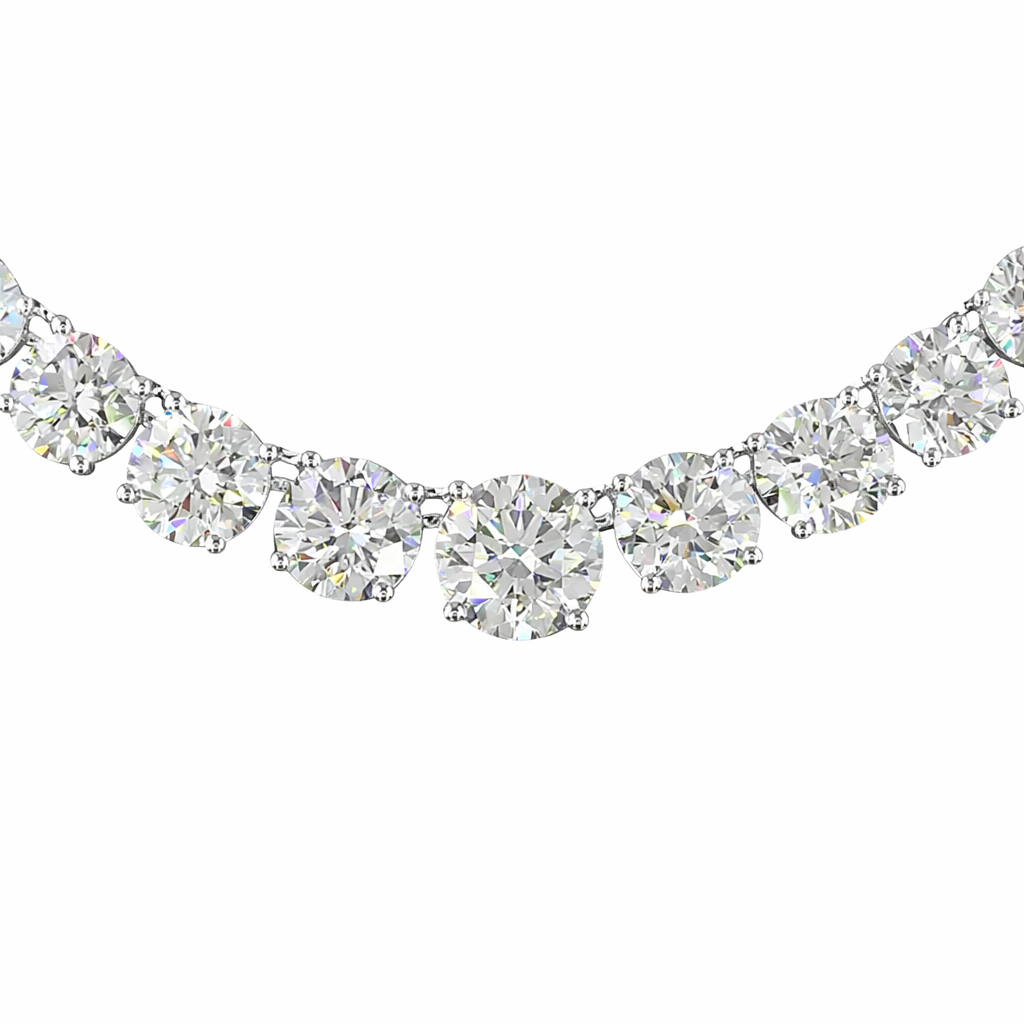 24.68 carat round diamond Riviera necklace crafted in 14K white gold by Facets Gems