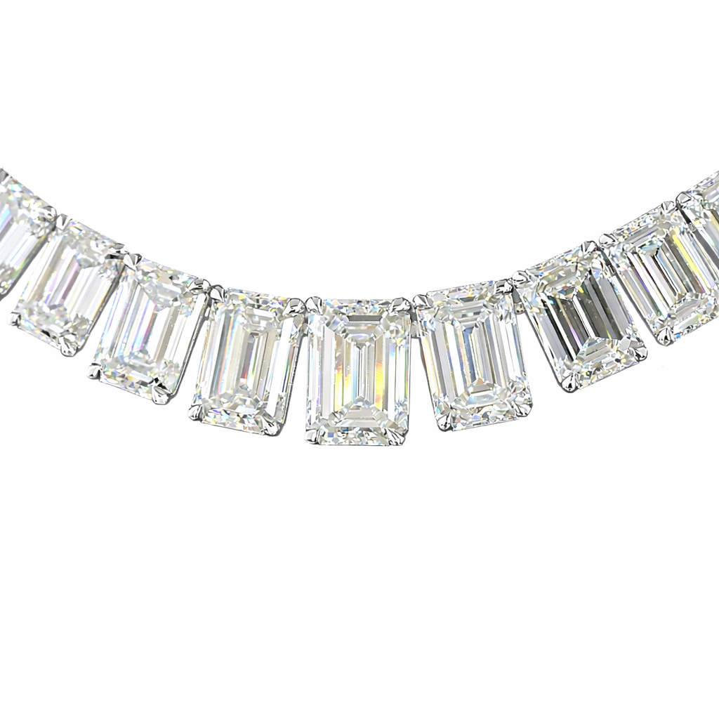 47.16 cts emerald cut diamond Riviera necklace crafted in 14K white gold