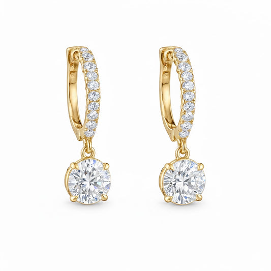 CELESTE | 2.53 Ct Round Diamond Drop Hoop Earrings 14K Yellow Gold