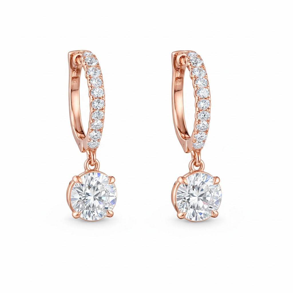 celeste round  diamond drop hoop earrings | 2.53 cts | 14k rose gold