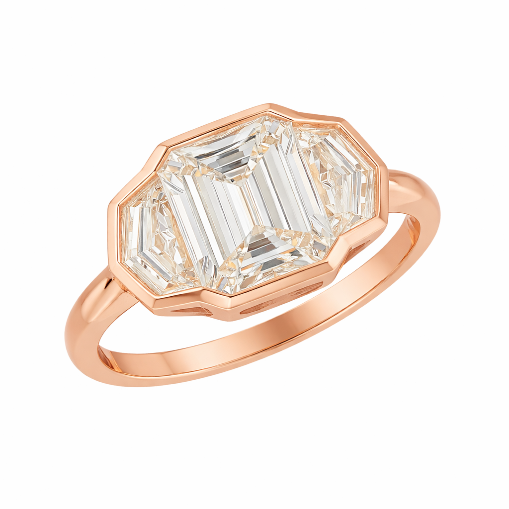 eleonor | 7.35 cts emerald diamond 3-stone ring in 14k yellow gold