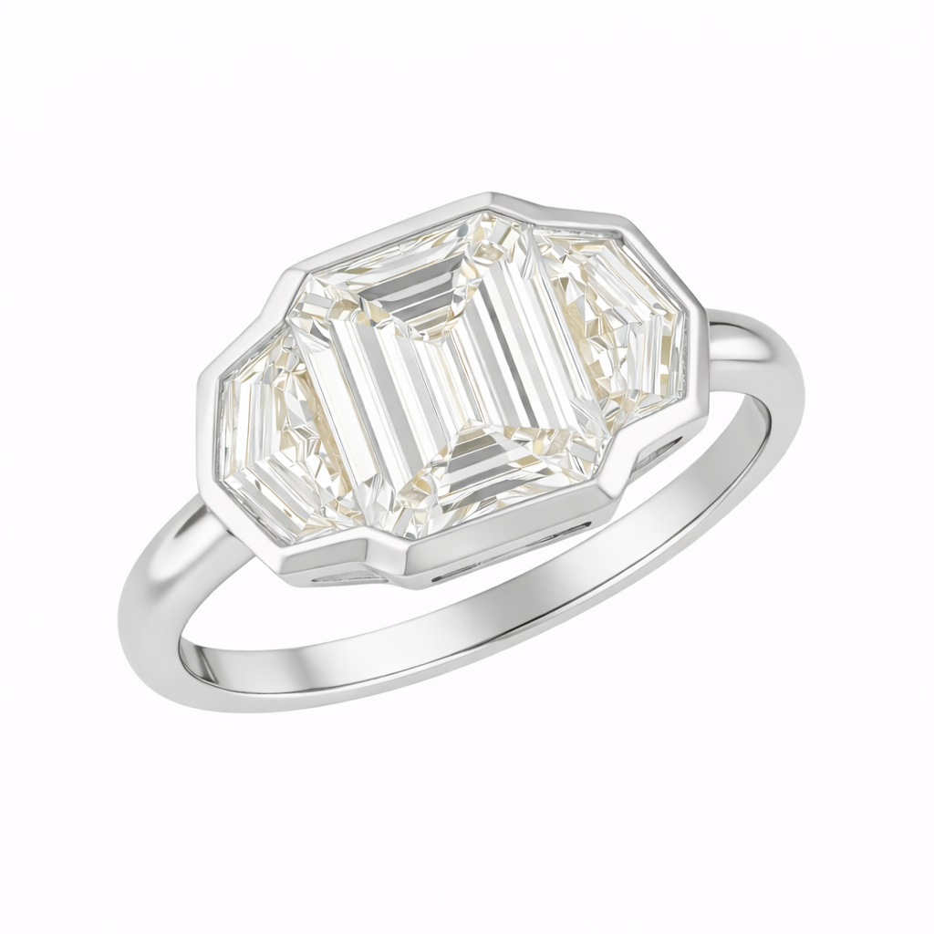 eleonor | 7.35 cts emerald diamond 3-stone ring in 14k yellow gold