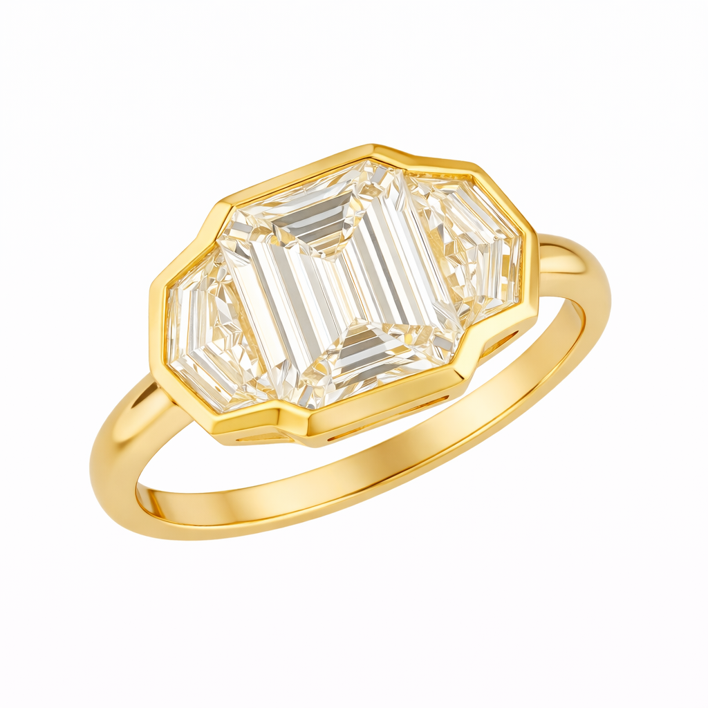 eleonor | 7.35 cts emerald diamond 3-stone ring in 14k yellow gold
