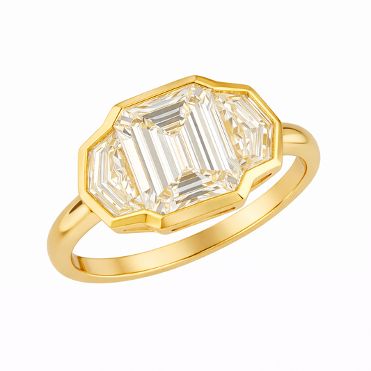 ELEONOR | 7.35 cts Emerald Diamond 3-Stone Ring in 14K Yellow Gold