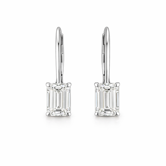 ELYON | 2.1 Ct  Emerald Shape Hanging Earring in 14K White Gold - Lab Grown Diamond