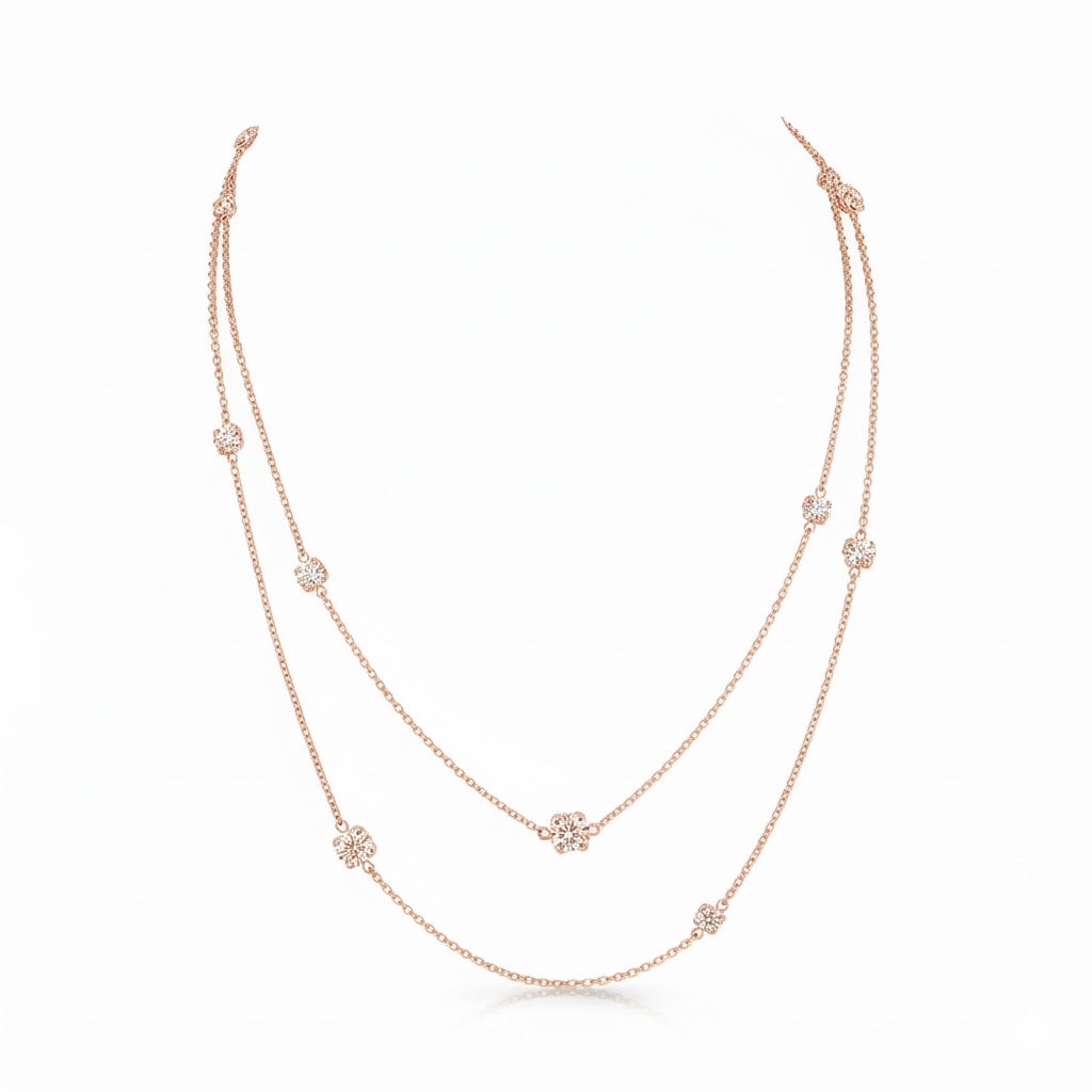 lace  | 7.48 ct floral diamond double strand station necklace in 14k rose gold