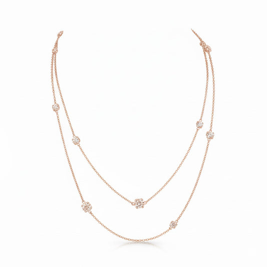 LACE  | 7.48 Ct Floral Diamond Double Strand Station Necklace in 14K Rose Gold