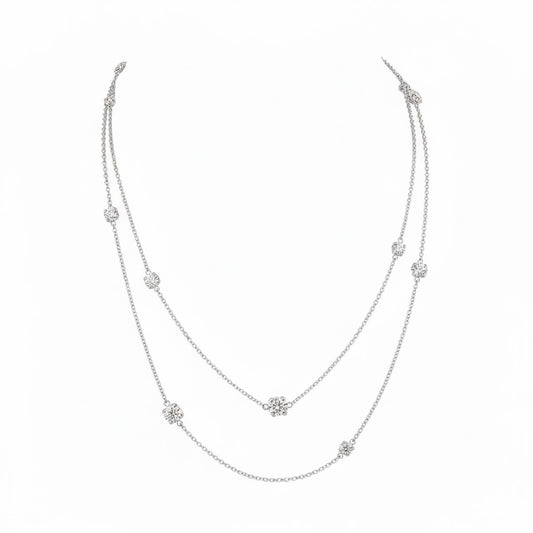 LACE  | 7.48 Ct Floral Diamond Double Strand Station Necklace in 14K White Gold