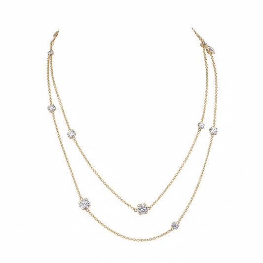 LACE  | 7.48 Ct Floral Diamond Double Strand Station Necklace in 14K Yellow Gold