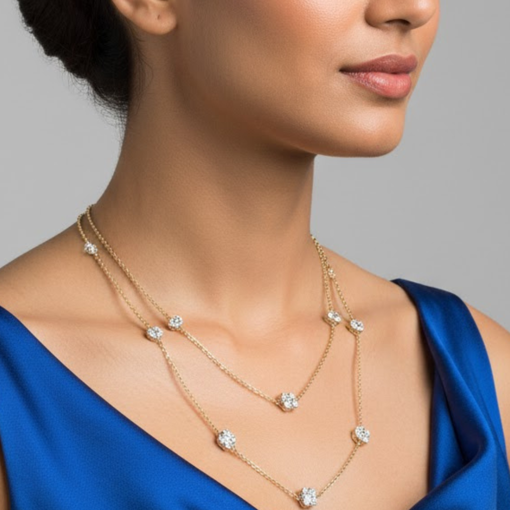 lace  | 7.48 ct floral diamond double strand station necklace in 14k yellow gold