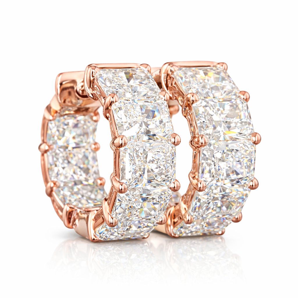MARIVELLE | 4.88 Ct  Radiant Diamond Huggies Earrings in 14K Rose Gold