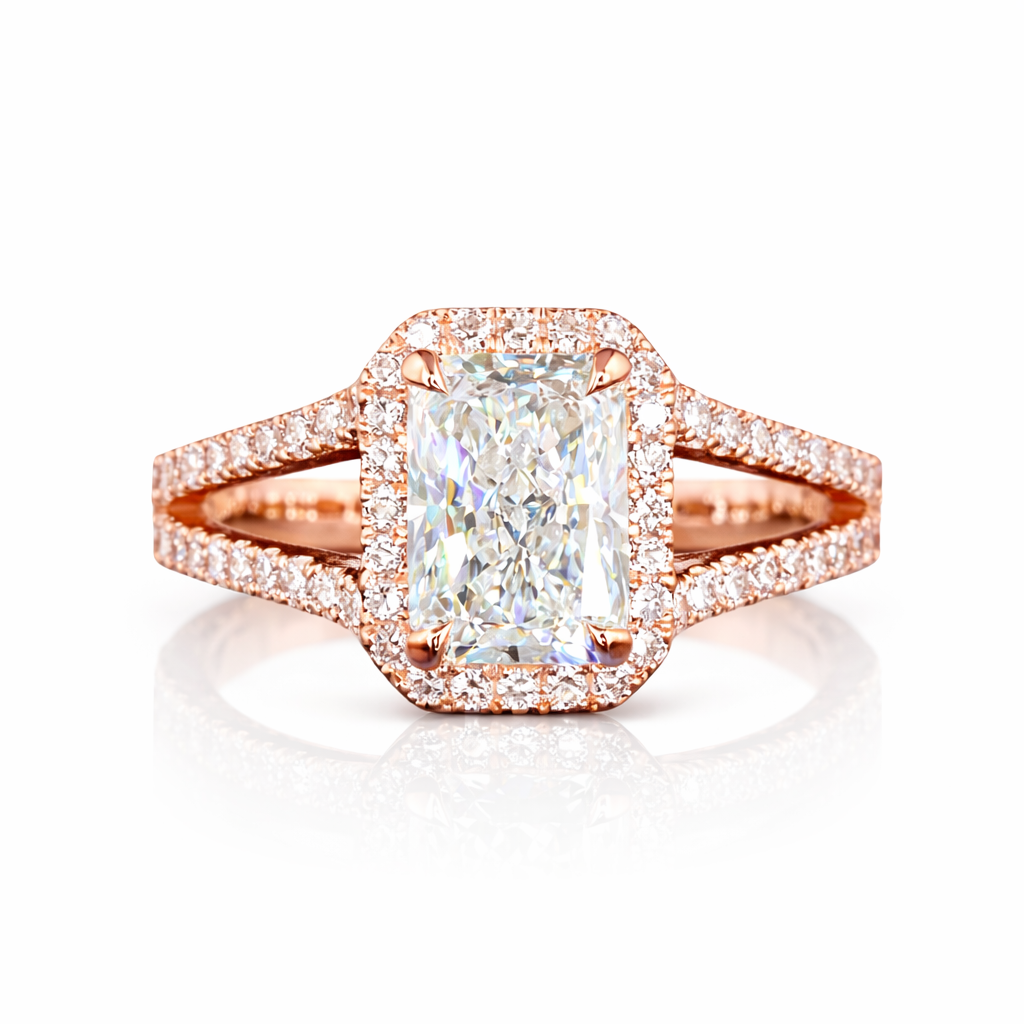 solstice | 2.54 radiant diamond split shank ring in 14k rose gold - lab grown diamond