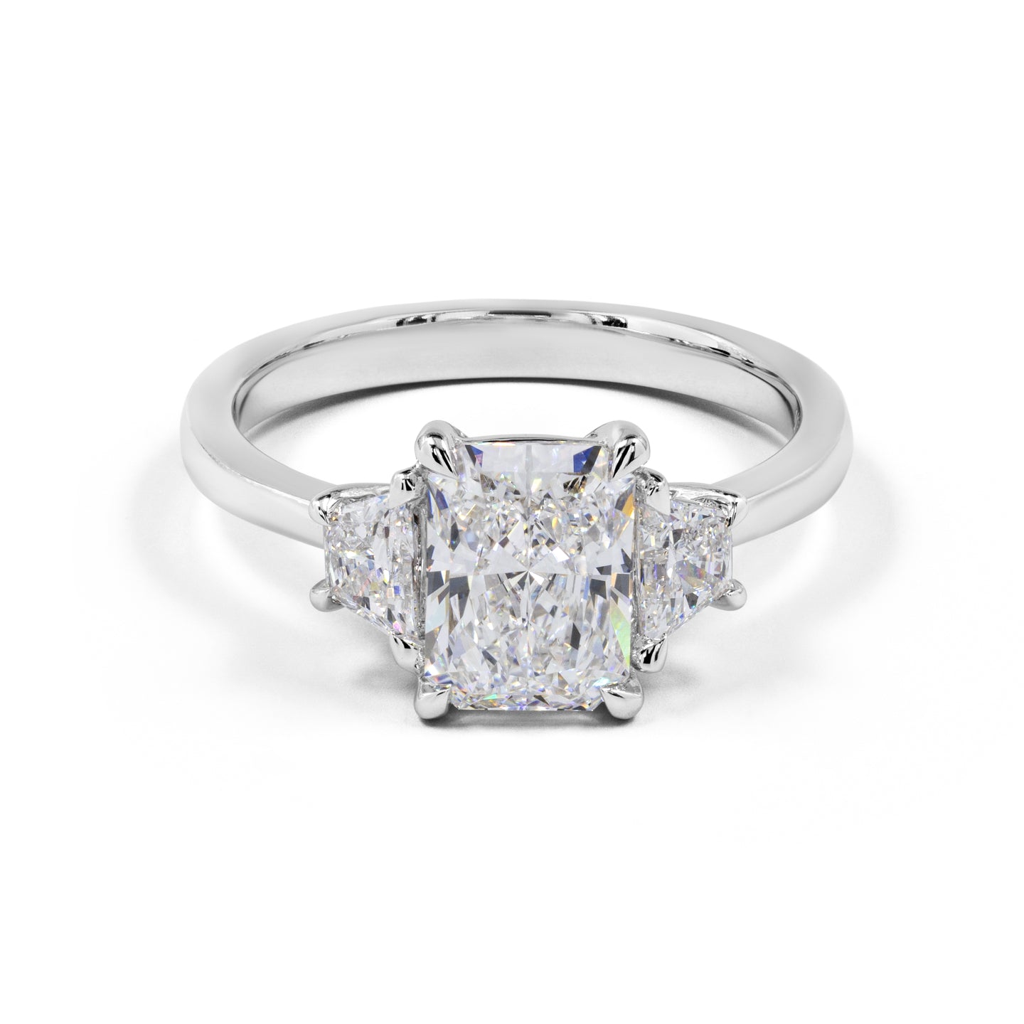 sterling | 3.86 ct radiant diamond three-stone ring | 3.86 in platinum