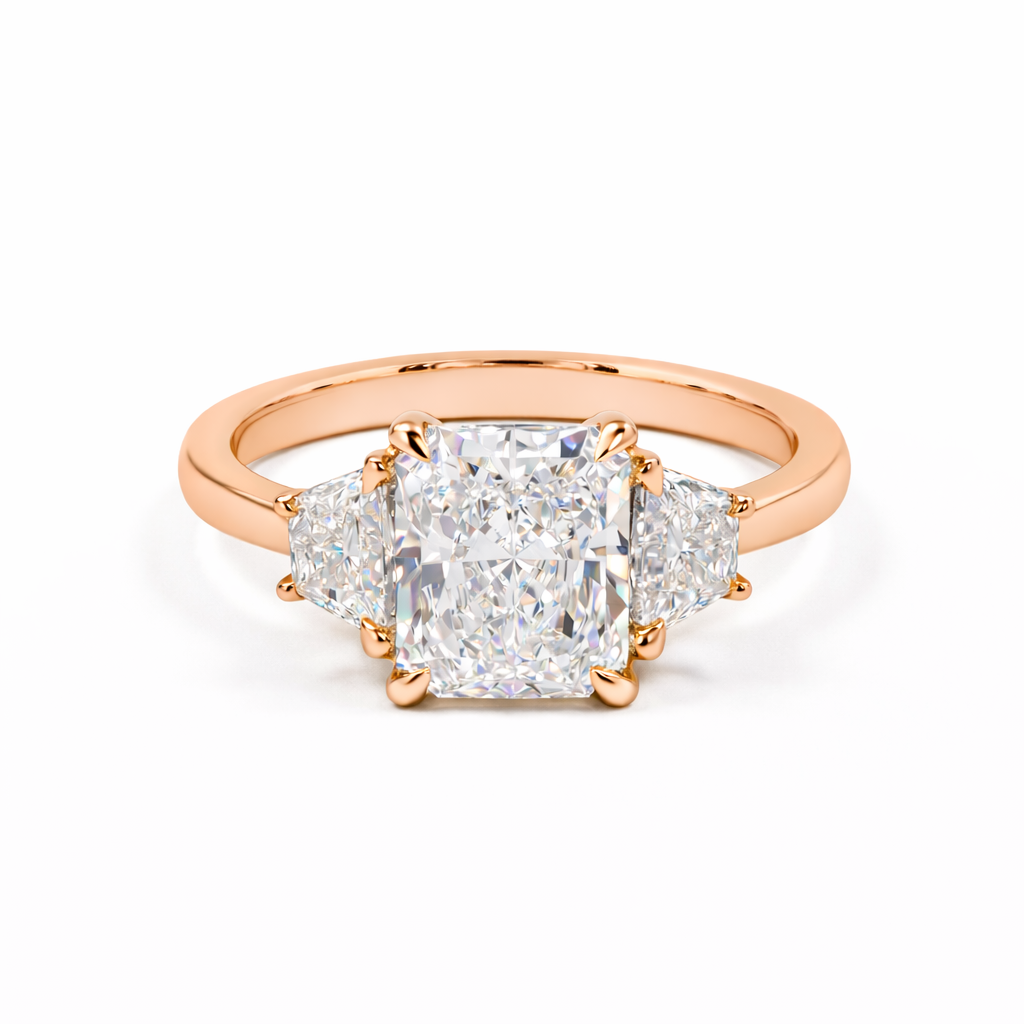 sterling | 3.86 ct radiant diamond three-stone ring | 3.86 in rose gold