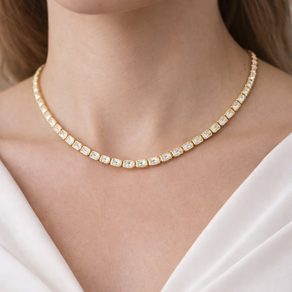 WINDSOR  | 9.85 Ct Emerald Diamond Tennis Necklace in 14K Yellow Gold