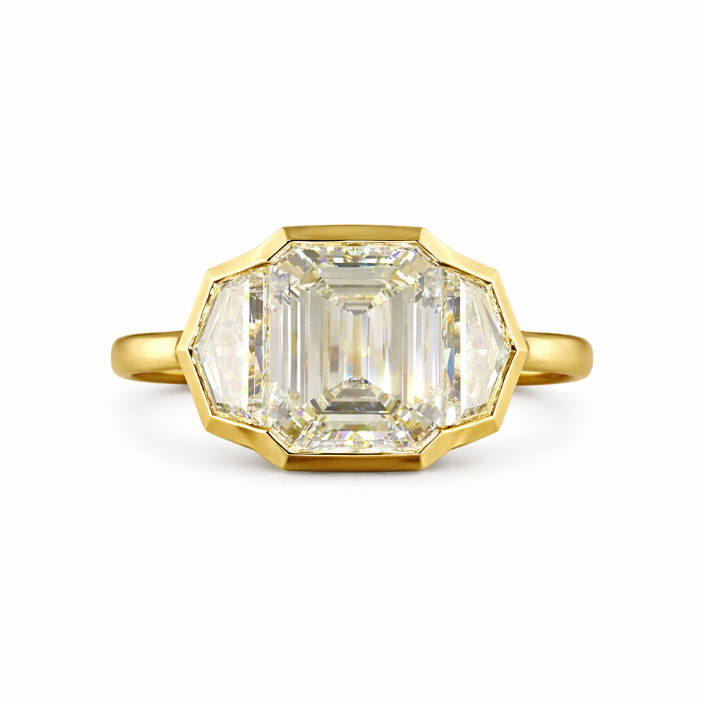 diamante stream | 12.37 ct emerald diamond 3-stone ring  in 14k yellow gold - lab grown diamond