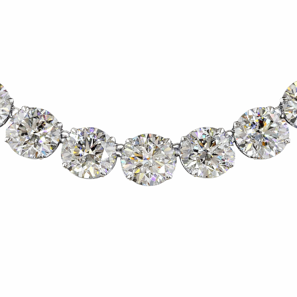 71.99 cts round shape diamond tennis necklace crafted in 14K white gold by Facets Gems